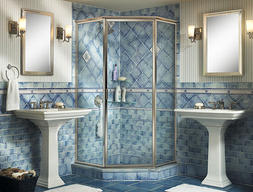  shower, shower stall, blue tiles, 