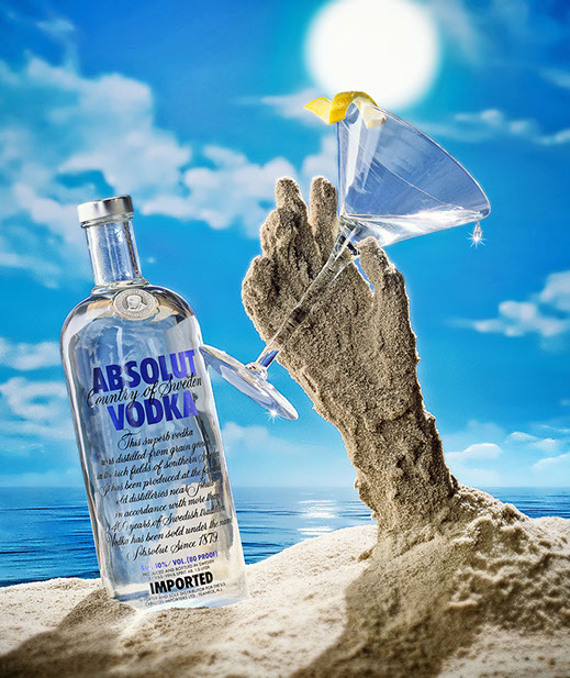 vodka, Absolut vodka, martini, sand,  beach scene,  sunset, ocean, blue sky, sky,  lemon, lemon wege,